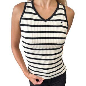 CHANEL Vintage 98P CC Mark Logo Striped Knit Tank Top #38 Cream Black [106483]